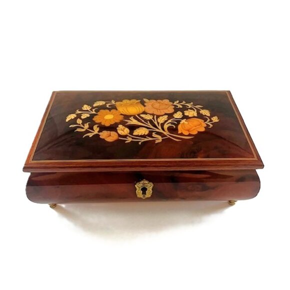 Inlaid Wood Musical Jewelry Box with Lock Floral Hand Made Italy - Picture 1 of 11